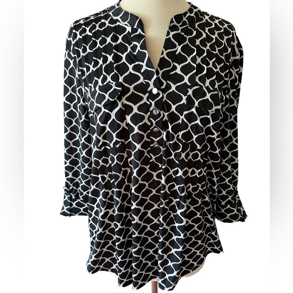 COCOMO XL 3/4 sleeve black white women’s Pintuck Blouse top tunic shirt
